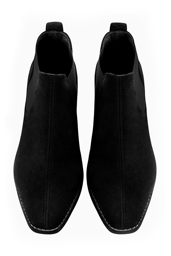 Matt black women's ankle boots, with elastics. Square toe. Medium block heels. Top view - Florence KOOIJMAN